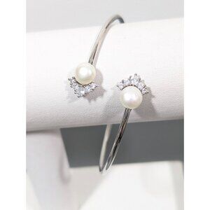White Pearl Silver Tone Rhinestone Art Deco Wrap Bangle Bracelet Wedding Bridal